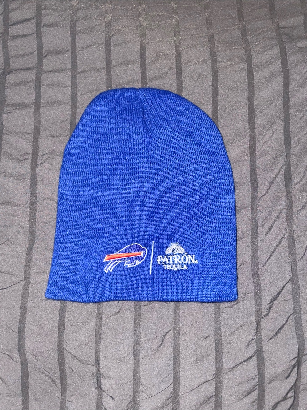 Blue Beanie with Bills and Patrón Logos
